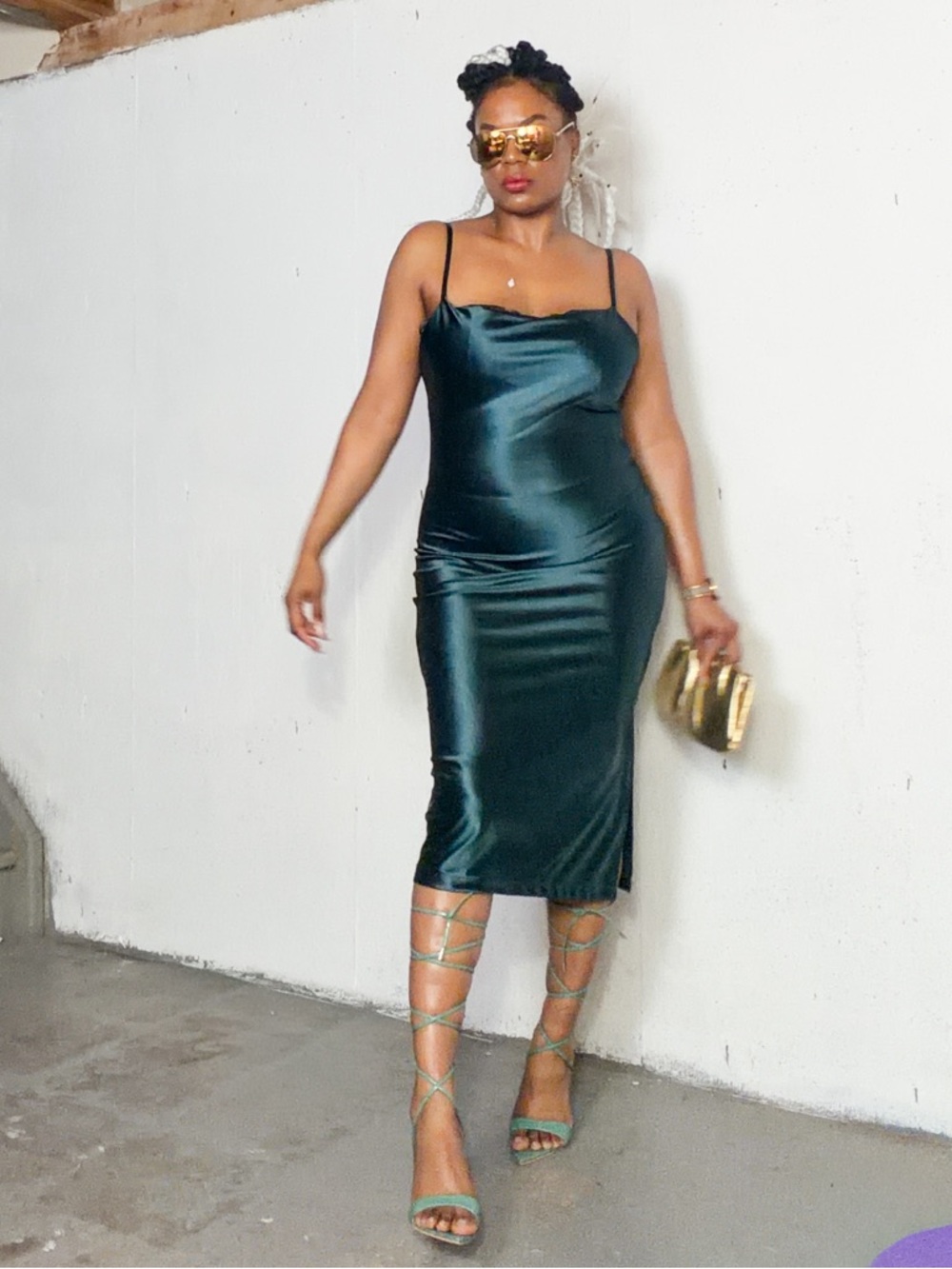 Satin Cowl Neck Slip Dress in Deep Teal, M